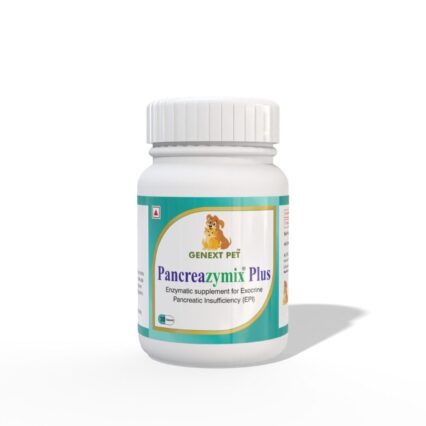 Front-facing bottle of GenextPet Pancreazymix Plus capsules for dogs and cats