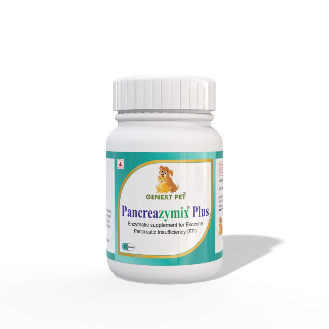 Front-facing bottle of GenextPet Pancreazymix Plus capsules for dogs and cats