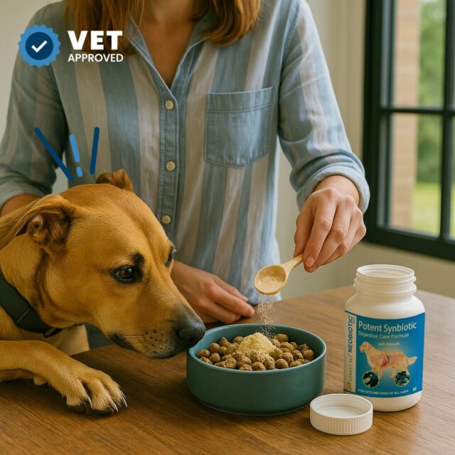 Dog being served GenextPet Neobiotic DFM probiotic supplement with food