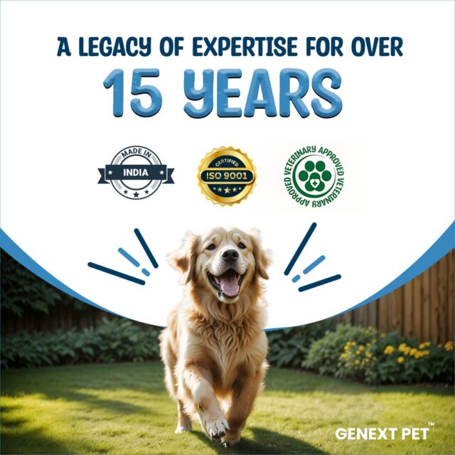 GenextPet brand visual showing 15 years of expertise and certifications