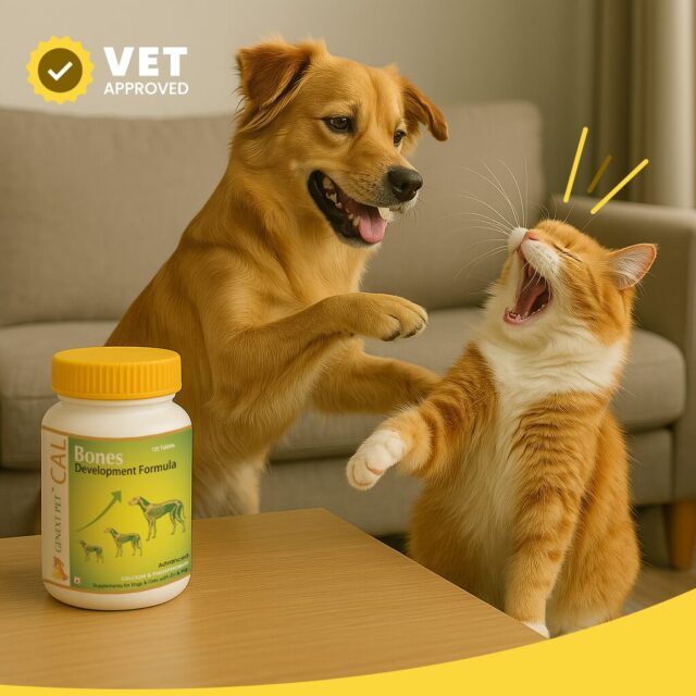 Dog and cat playing indoors beside GenextPet CAL supplement bottle