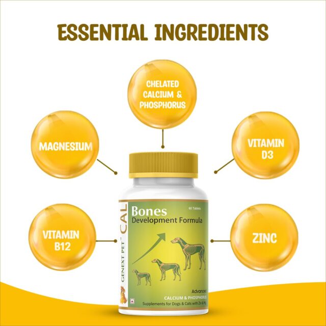 GenextPet CAL with key ingredients: Chelated Calcium, Phosphorus, Zinc, Magnesium, Vitamin D3, B12