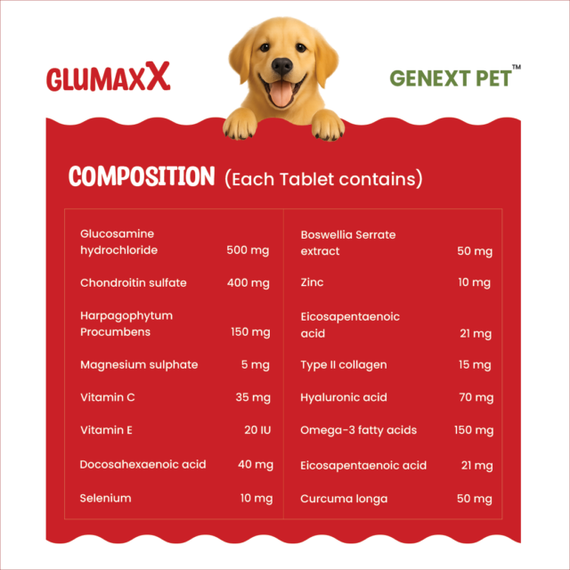 Ingredients of Glumaxx joint supplement with glucosamine, chondroitin, collagen, and omega-3