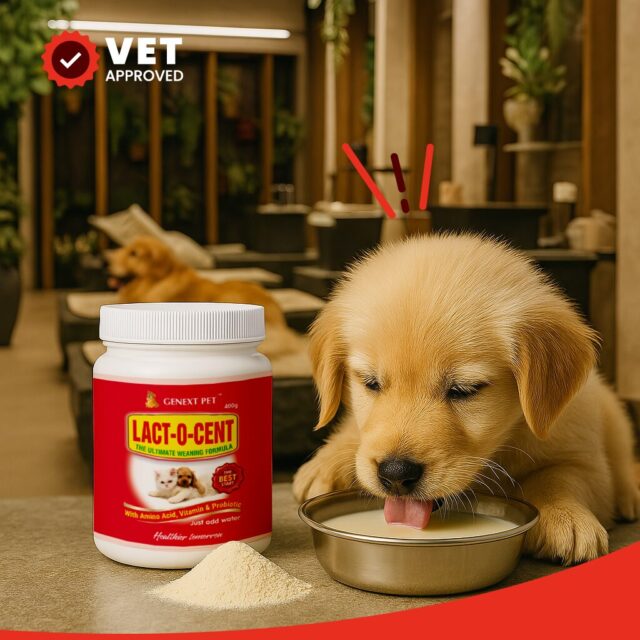 GenextPet Lact O Cent bottle placed indoors with active puppy in background, supporting early growth
