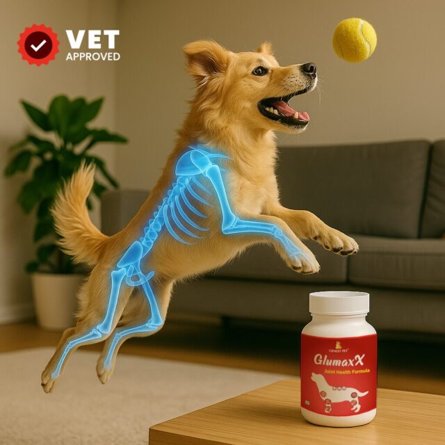 Active dog jumping indoors with highlighted joints beside Glumaxx supplement bottle