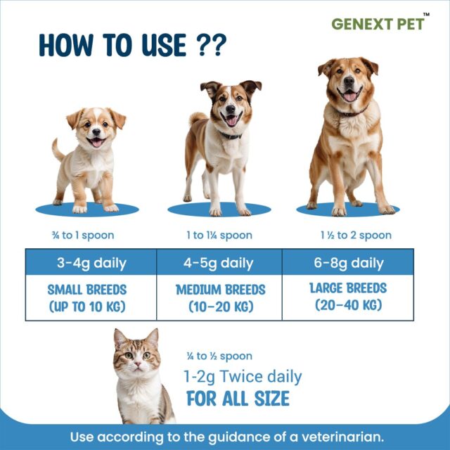Neobiotic DFM dosage guide for dogs and cats based on breed size