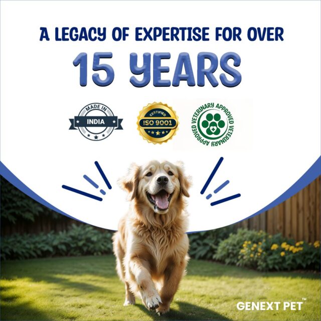 GenextPet 15 years legacy banner with happy dog and quality certifications