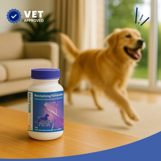 Neocleotide pet supplement bottle on table with happy golden retriever running in background