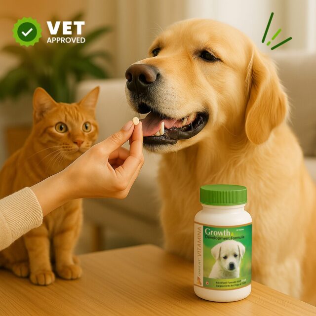 Dog being fed GenextPet VITAMINA tablet with curious cat in background – vet-approved scene