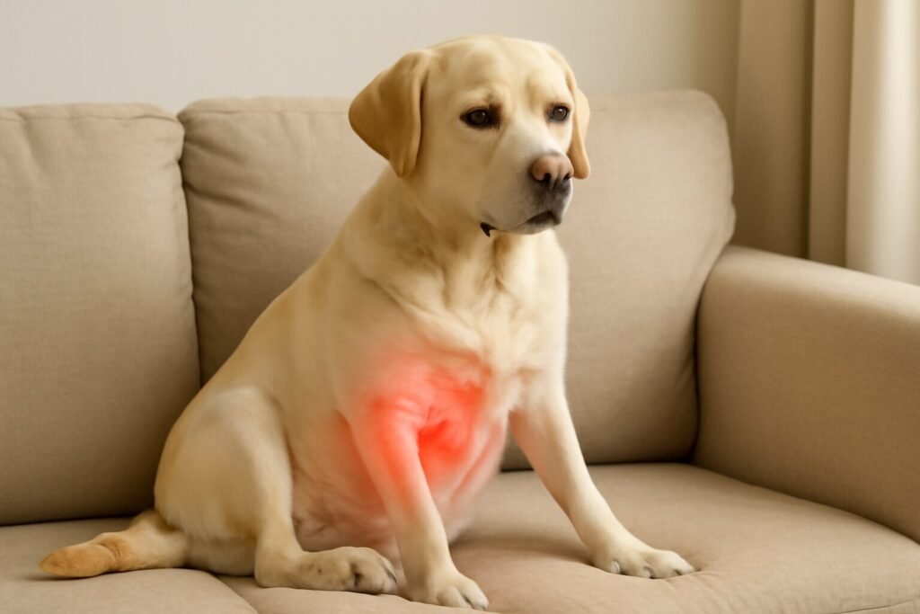 A realistic Labrador dog sitting on a couch, with its stomach area subtly highlighted in red, symbolizing digestive discomfort or digestive issues.