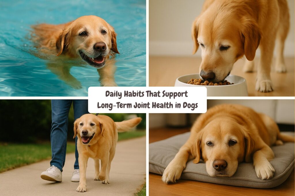 A lifestyle collage of a dog swimming, walking, eating healthy food, and resting on an orthopedic bed — representing joint-friendly habits.
