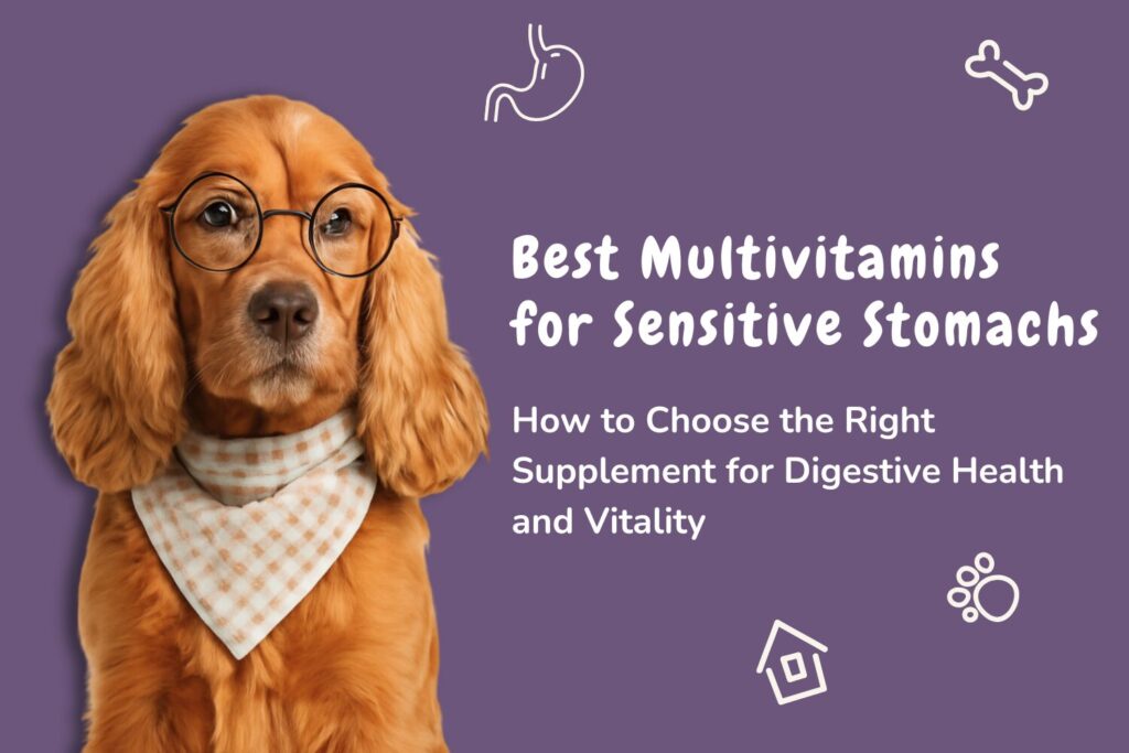 A playful Cocker Spaniel dog wearing glasses and a scarf, symbolizing health and vitality, with a colorful background and a focus on digestive health multivitamins for dogs with sensitive stomachs.