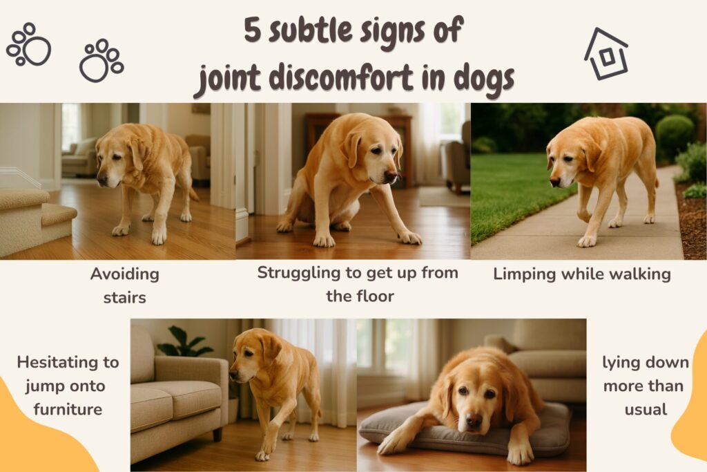 A realistic collage of 5 images showing signs of dog joint discomfort: limping, stair hesitation, struggling to get up, avoiding jumping, and resting more often.