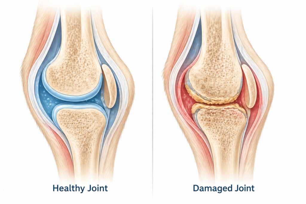 Diagram showing healthy vs damaged cartilage in a dog's knee joint — how glucosamine repairs cartilage
