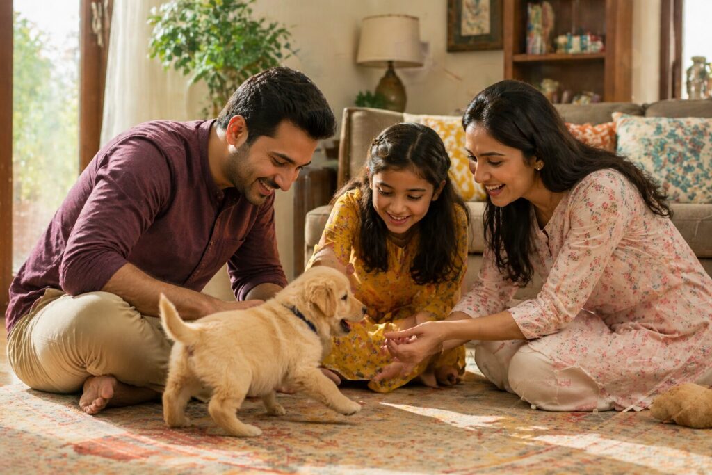 Indian family sitting on living room floor playing with a small Labrador puppy — puppy growth stages month by month guide for Indian pet parents
