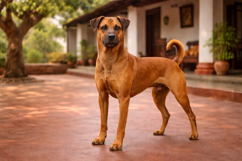 Kombai dog in traditional South Indian courtyard — native Indian dog breed