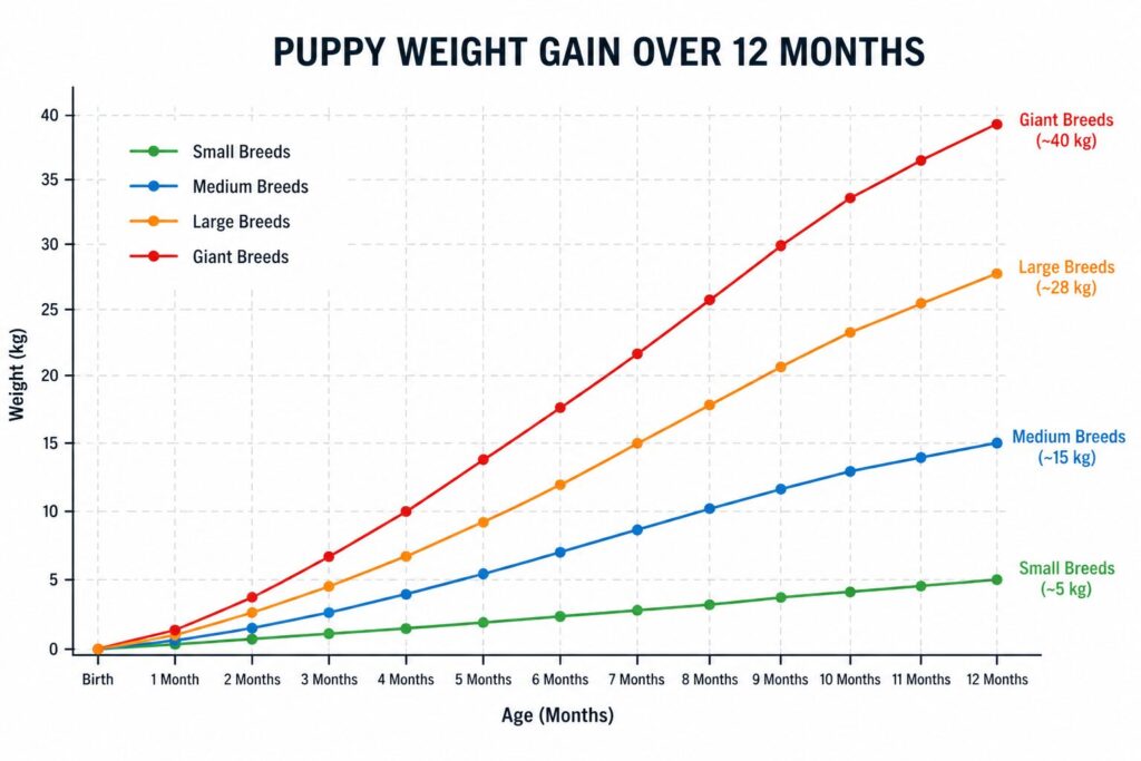 Puppy weight growth chart showing expected weight by month for small, medium, large, and giant dog breeds from birth to 12 months