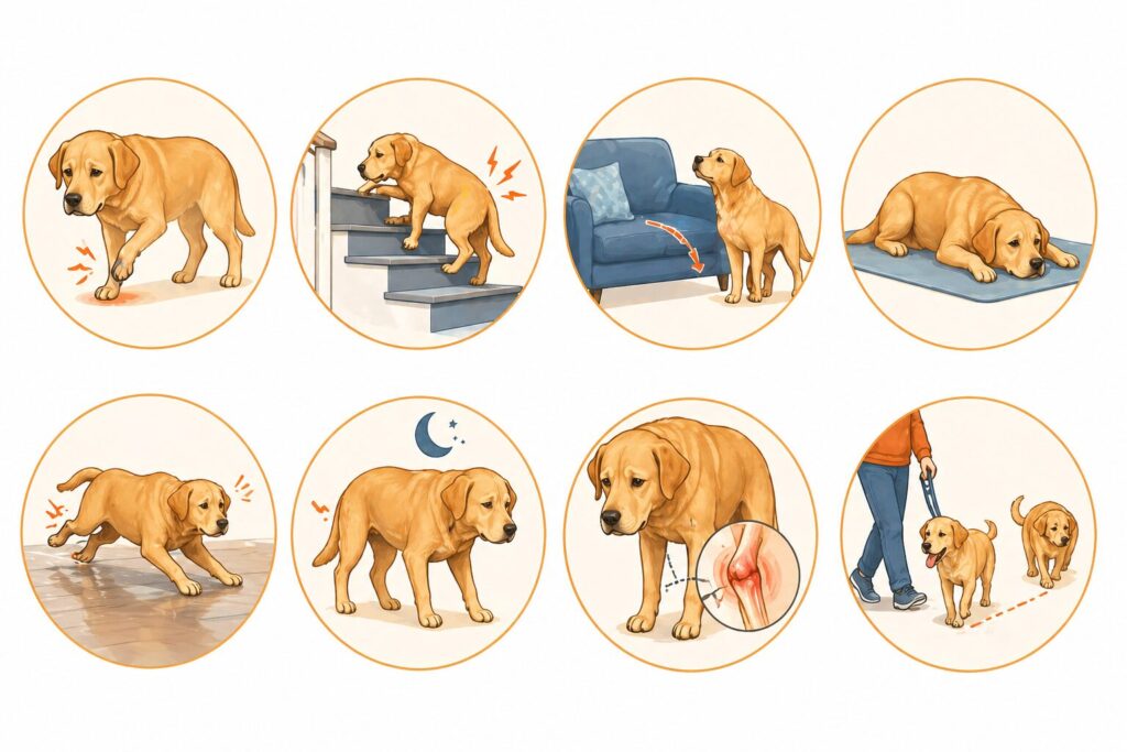 Infographic showing 8 warning signs of joint pain in dogs including limping, difficulty climbing stairs, and reluctance to jump