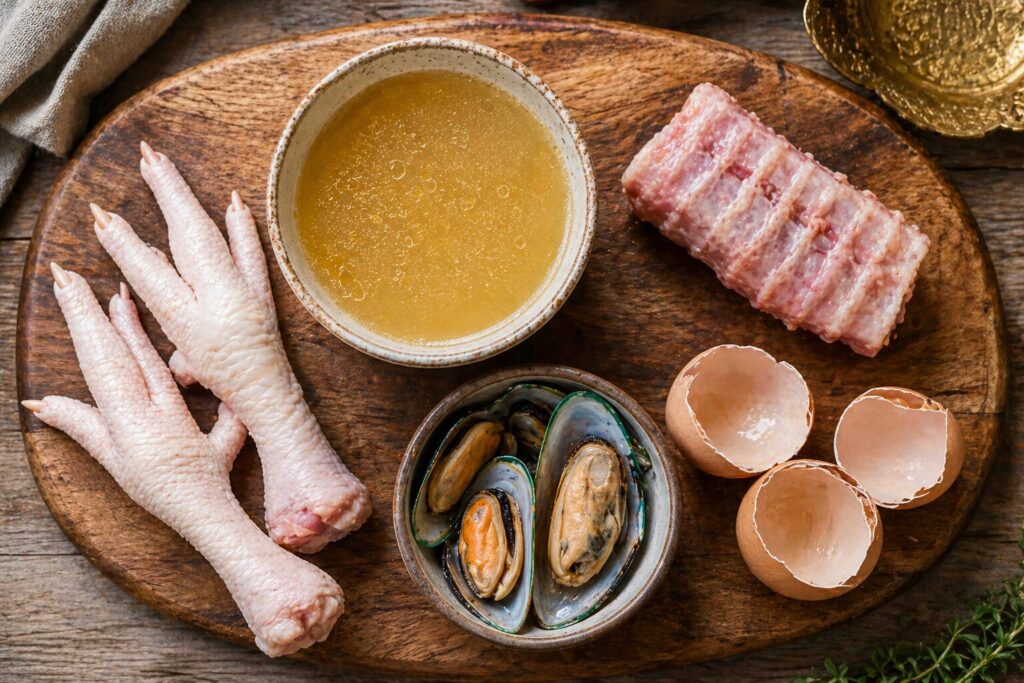 Natural sources of glucosamine for dogs including chicken feet, bone broth, beef trachea, and green-lipped mussels arranged on a wooden surface

