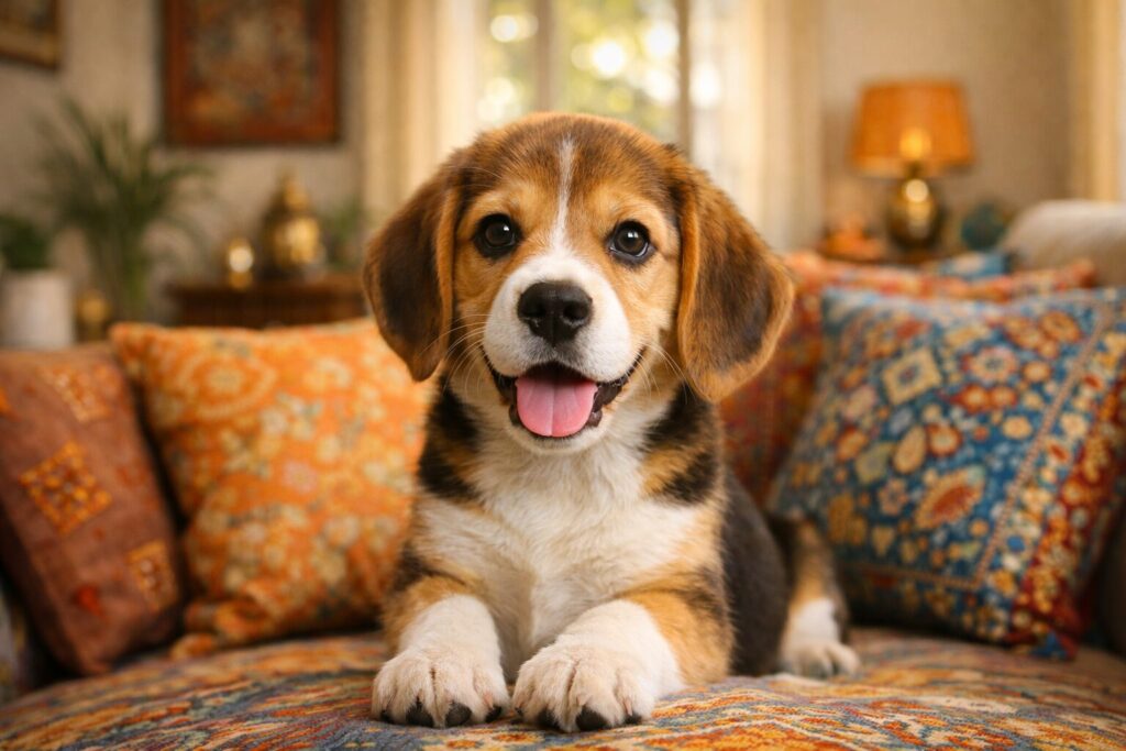 Beagle puppy sitting on sofa in Indian apartment — ideal apartment dog breed India