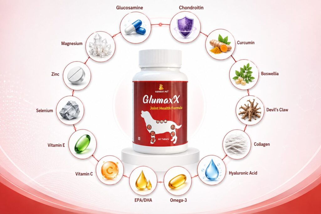 Glumaxx joint support supplement by GenextPet showing all 14 active ingredients including glucosamine, chondroitin, hyaluronic acid, curcumin, boswellia, and omega-3