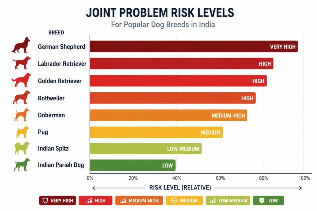 Chart showing joint problem risk levels for popular Indian dog breeds including Labrador, Golden Retriever, German Shepherd, Rottweiler, Pug, and Indian Pariah Dog