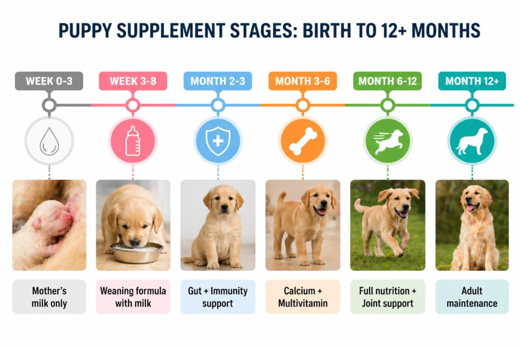 Timeline infographic showing which supplements to give puppies at each growth stage from birth to 12 months including weaning formula, calcium, multivitamin, and probiotics