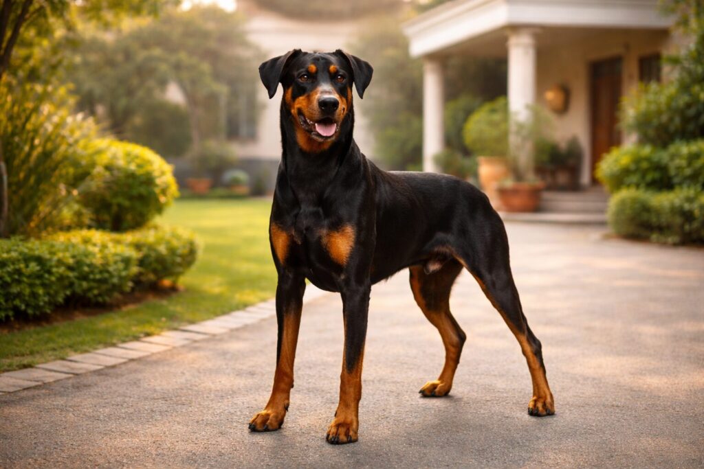 Doberman Pinscher standing in Indian bungalow garden — guard dog breed India
