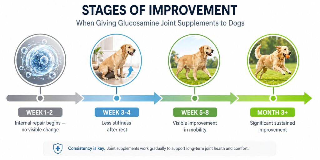Timeline infographic showing when to expect results from glucosamine supplementation in dogs — from week 1 to month 3