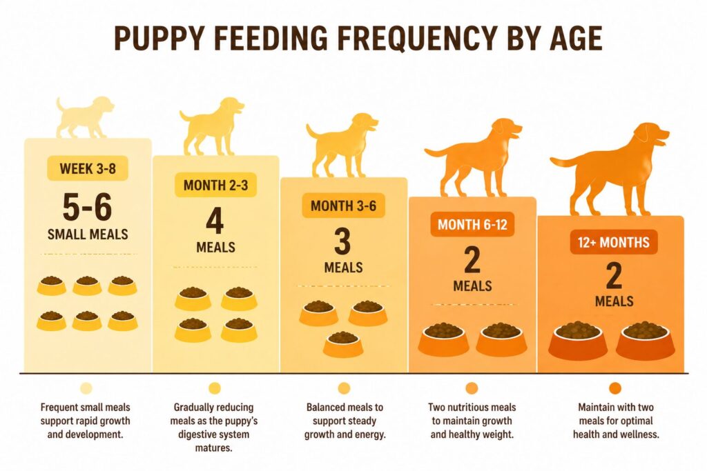Visual chart showing how many meals to feed a puppy per day at each age from weaning to 12 months — decreasing from 6 meals to 2 meals