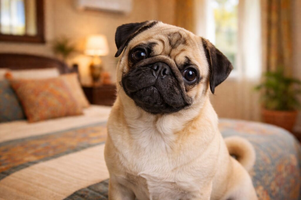 Pug dog sitting in Indian apartment bedroom — small dog breed for urban India
