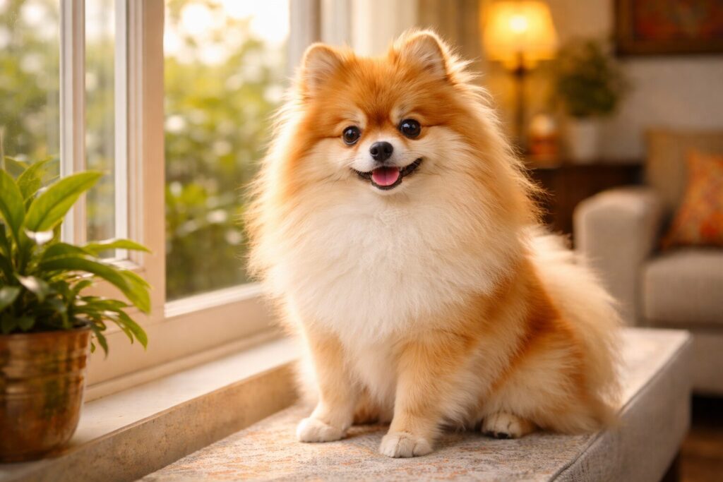 Fluffy Pomeranian sitting on window ledge in Indian apartment