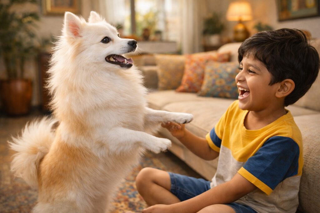 Indian Spitz playing with child in Indian home — best family dog breed India
