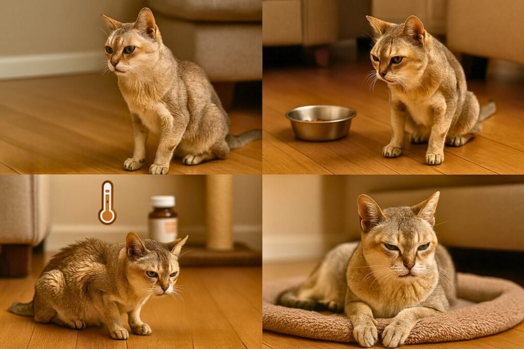 Collage of a senior cat showing common health issues like joint pain, low appetite, dull coat, and fatigue