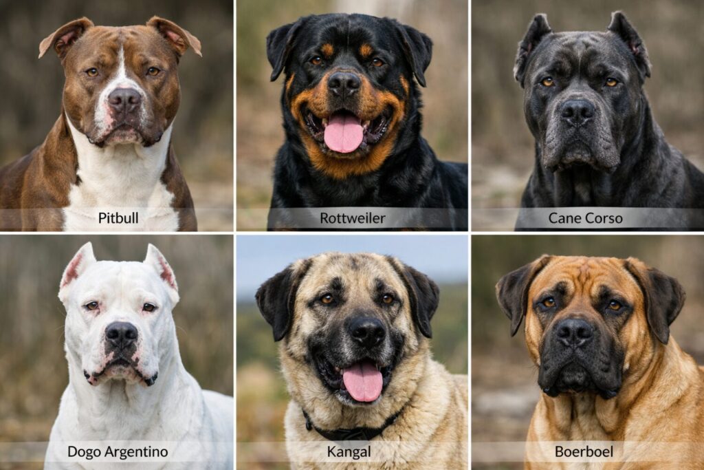 Banned and restricted dog breeds in India including Pitbull, Rottweiler, Cane Corso, Dogo Argentino, Kangal and Boerboel - all listed under India's 2024 dangerous breed advisory
