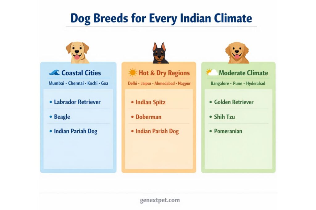 India climate zone map showing best dog breeds for coastal, hot-dry, and moderate regions