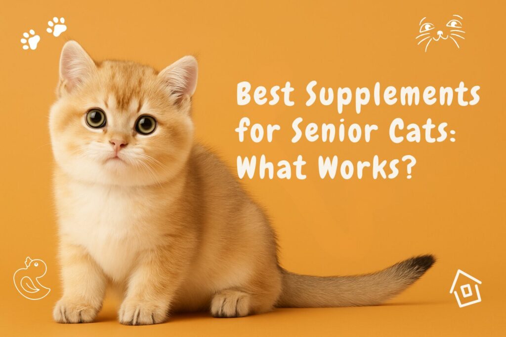 Adorable senior cat on orange background with text 'Best Supplements for Senior Cats: What Works?' – blog header visual