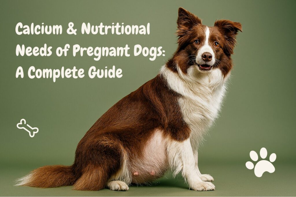 Pregnant dog with calcium-rich diet items highlighting nutritional needs during pregnancy