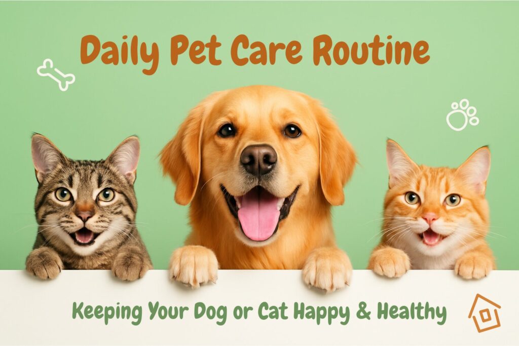 Dog and cat with bowls, grooming tools and toys representing a balanced daily pet care routine