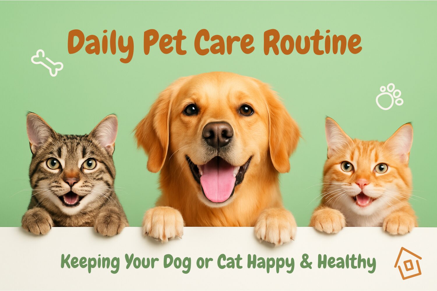 Dog and cat with bowls, grooming tools and toys representing a balanced daily pet care routine
