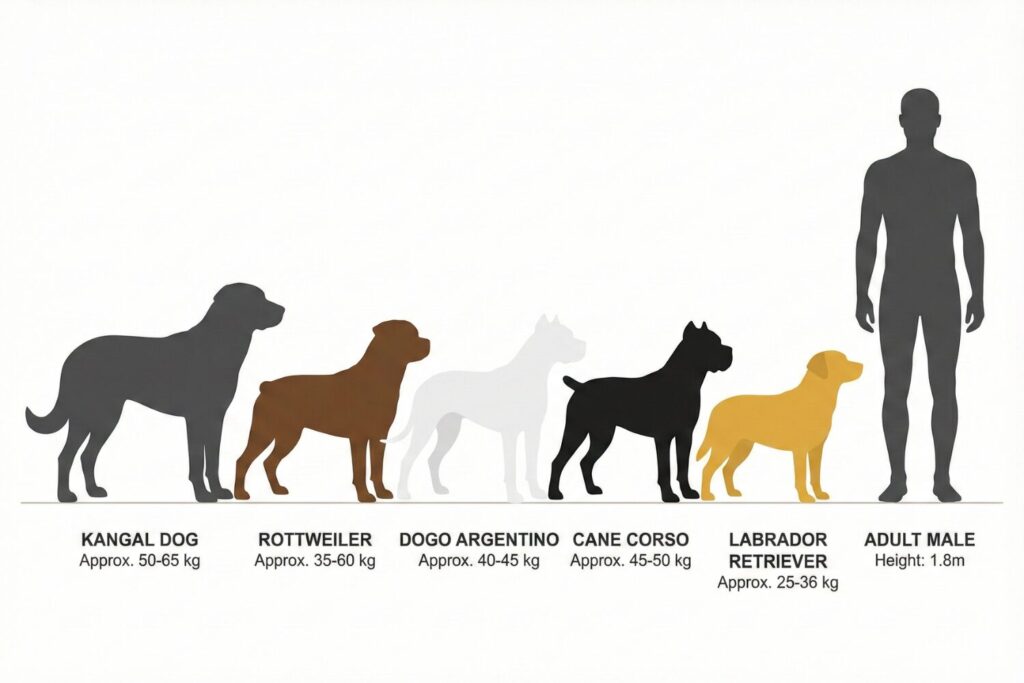 Dog breed size comparison chart showing Kangal, Rottweiler, Dogo Argentino, Cane Corso and Labrador Retriever silhouettes with weight in kg next to adult human for scale