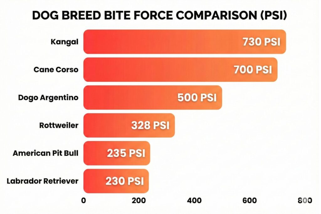 Dog breed bite force comparison chart in PSI - Kangal 730 PSI, Cane Corso 700 PSI, Dogo Argentino 500 PSI, Rottweiler 328 PSI, American Pit Bull 235 PSI, Labrador 230 PSI