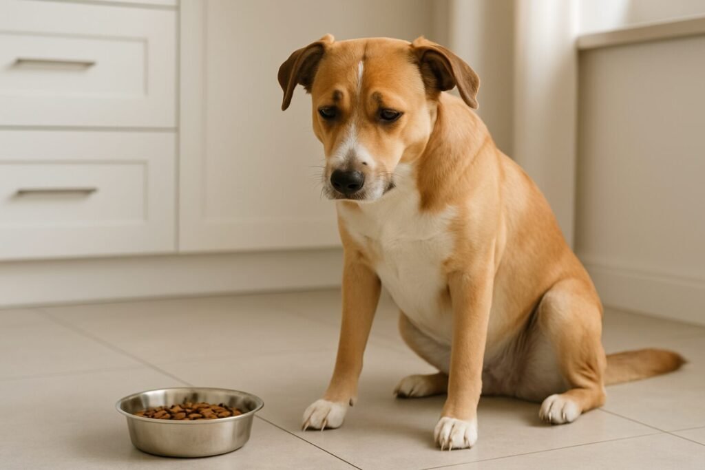 Dog looking unwell beside untouched food bowl, representing common causes of diarrhea in dogs