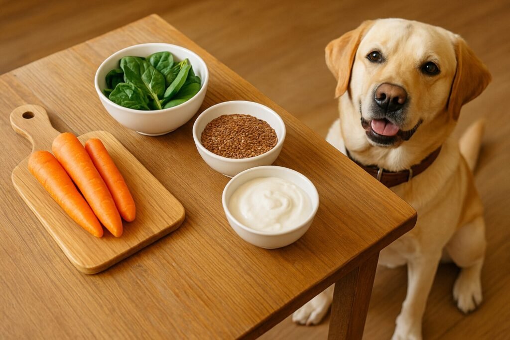 Healthy Labrador sitting beside a table with dog-safe immune-boosting foods like carrots, spinach, flaxseed, and curd
