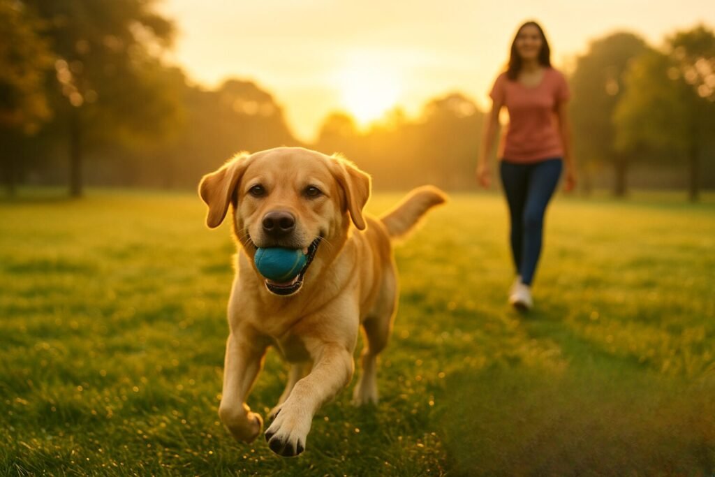 Happy Labrador running with a ball while a woman walks behind during sunrise, symbolizing immune-boosting exercise