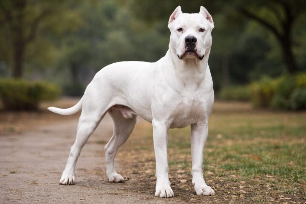 Purebred Dogo Argentino dog standing in outdoor setting showing distinctive all-white coat and muscular athletic build - breed restricted in India under 2024 central government advisory