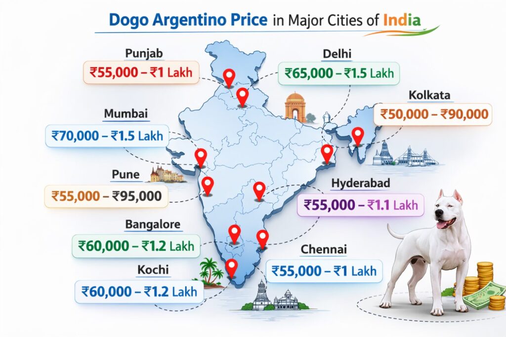 Dogo Argentino price in major cities of India - Delhi 65000 to 1.5 lakh, Mumbai 70000 to 1.5 lakh, Bangalore 60000 to 1.2 lakh, Chennai 55000 to 1 lakh, Kolkata 50000 to 90000, Pune Hyderabad Punjab and Kochi prices shown on India map