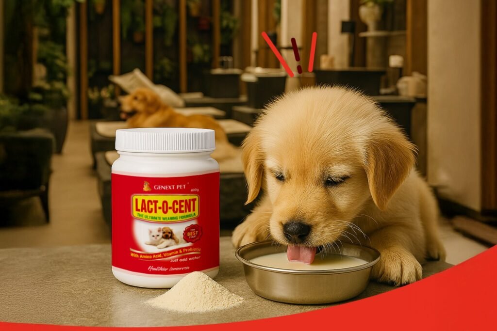 Puppy drinking milk beside GenextPet Lact-O-Cent weaning formula jar with powder and relaxed background