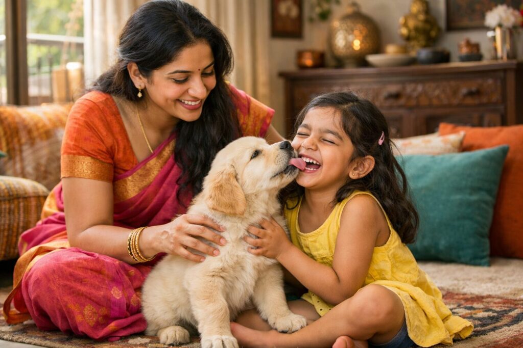 Indian mother and daughter playing with Golden Retriever puppy at home