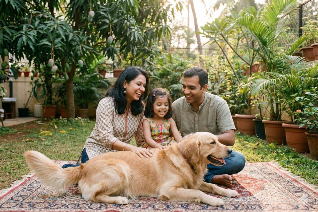 Happy Indian family with Golden Retriever in home garden - Golden Retriever is a legal, family-friendly dog breed well suited for Indian climate and households